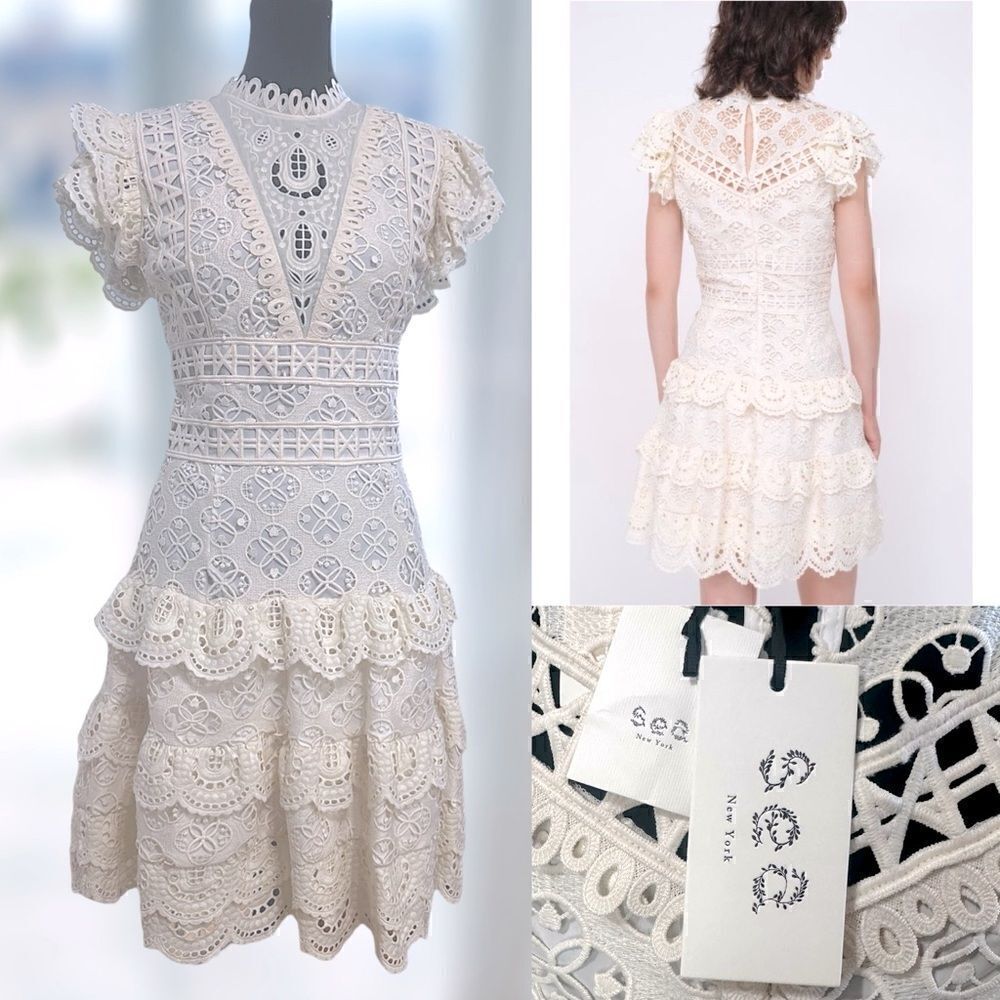 🔥🔥NWT Sea New York Cream Lace Ruffle Cocktail Dress Size 2